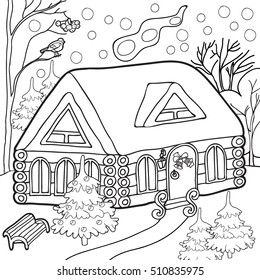  Coloring  book.  Hand drawn. Adults, children. Black and white. Christmas. Santa's House in the forest.