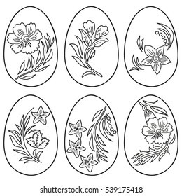  Coloring  book.  Hand drawn. Adults, children. Black and white. Set of Easter eggs.