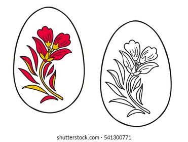  Coloring  book.  Hand drawn. Adults, children. Black and white. Easter egg. Red, gold, floral motif.