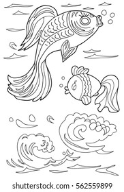  Coloring  book.  Hand drawn. Adults, children. Sea animals. Fish. Black and white vector illustration.