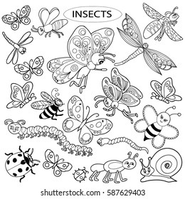  Coloring  book.  Hand drawn.  Adults, children.  Black and white. Set of insects, butterflies, bee, wasp, caterpillar, snail, ladybug, dragonfly.