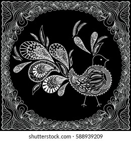 Coloring  book. Hand drawn. For Adults, children. Black and white. Frame, bird, design, art, elegant