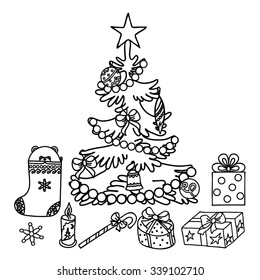  Coloring  book.  Hand drawn. Black and white. Christmas tree. Adults, children.