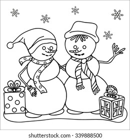  Coloring  book.  Hand drawn. Black and white. Snowman.   Happy new year, christmas. 