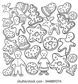  Coloring  book.  Hand drawn. Black and white. Happy New Year, Christmas.Christmas gingerbread. 