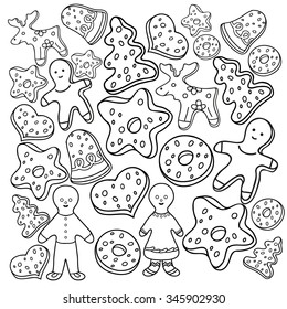  Coloring  book.  Hand drawn. Black and white. Christmas cookies.