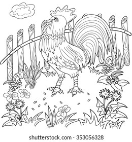  Coloring  book.  Hand drawn. Black and white.Cockerel. . Adults, children.
