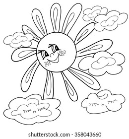  Coloring  book.  Hand drawn. Black and white. Sun.  Adults, children.