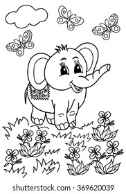  Coloring  book.  Hand drawn. Black and white. Elephant. Children, adults.