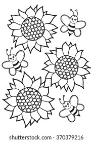 Coloring  book.  Hand drawn. Black and white.Adults, children.Flowers.