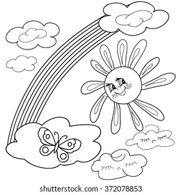  Coloring  book.  Hand drawn. Black and white. Summer, sun, rainbow.   Adults, children.