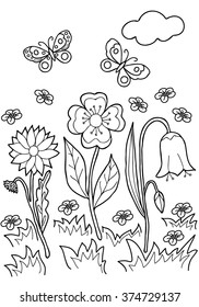  Coloring  book.  Hand drawn. Black and white.Adults, children.Flowers.