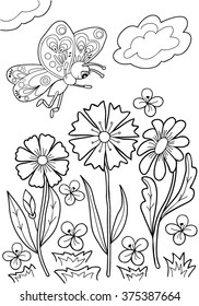  Coloring  book.  Hand drawn. Black and white.Adults, children.Flowers.