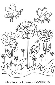  Coloring  book.  Hand drawn. Black and white.Adults, children.Flowers.