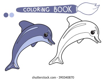  Coloring  book.  Hand drawn. Black and white. Children. Dolphin. Paint on the model.