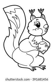  Coloring  book.  Hand drawn. Black and white. Squirrel.  Children, adults.