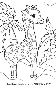  Coloring  book.  Hand drawn. Black and white. Children, adults. Giraffe.