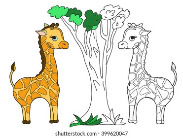  Coloring  book.  Hand drawn. Black and white.  Giraffe. Children, adults.