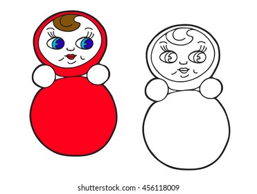  Coloring  book.  Hand drawn. Black and white. Children. Toys, roly-poly doll.  Paint on the model.