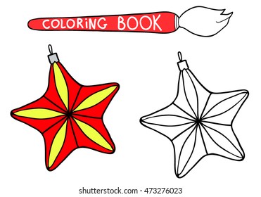  Coloring  book.  Hand drawn. Black and white. Children. Christmas decorations, star.