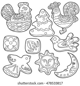  Coloring  book.  Hand drawn. Black and white. Christmas cookies.