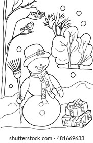  Coloring  book.  Hand drawn. Black and white. Children. Christmas theme. Snowman.