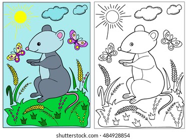  Coloring  book.  Hand drawn. Black and white. Mouse. Children, adults.