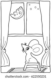  Coloring  book.  Hand drawn. Black and white. The mouse.  Adults, children. 
