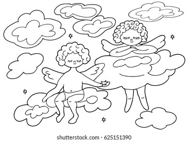  Coloring  book.  Hand drawn. Black and white.  Angels. Adults, children. 