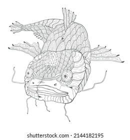 Coloring book. Hand drawn decorated cartoon catfish on the white background. Image for coloring page.