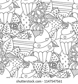 Coloring book hand drawn outline artwork page vector illustration. Coloringbook children learning kindergarten activity worksheets dessert doodle. Textile print. Page fill in kawaii style anti-stress
