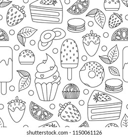 Coloring book hand drawn outline artwork page vector illustration. Coloringbook children learning kindergarten activity worksheets dessert doodle. Textile print. Page fill in kawaii style anti-stress