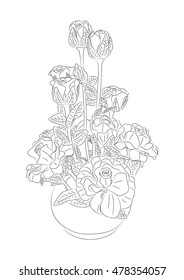 Coloring Book, Hand Drawn Roses in a Vase