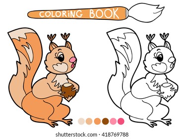  Coloring  book.  Hand drawn. Squirrel.   Children.  Paint on the model.