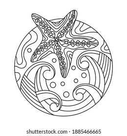 Coloring book . Hand-drawn starfish, waves and abstract elements. Composition in a circle, doodle style. Coloring book for children and adults. Vector vector illustration, black and white