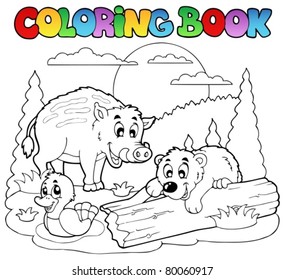 Coloring book with happy animals 2 - vector illustration.