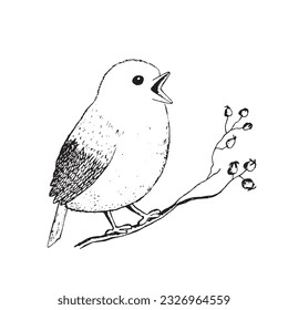 Coloring book happy birds for kids. Funny birds, flowers, leaves and berries. Flat vector illustration with cartoon bird silhouette. Cute characters. Minimalist poster design. 