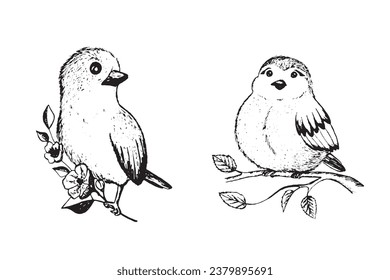 Coloring book happy birds for kids. Funny birds, flowers, leaves and berries. Flat vector illustration with cartoon bird silhouette. Cute characters. Minimalist poster design. 