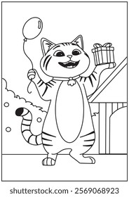 Coloring book happy cat with balloon and giftbox 