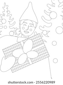 Coloring Book with happy character with gift box as greeting concept, outline Christmas vector stock illustration, Christmas tree