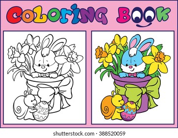 Coloring book. Happy Easter. Easter bunny.Cartoon Vector Illustration. 