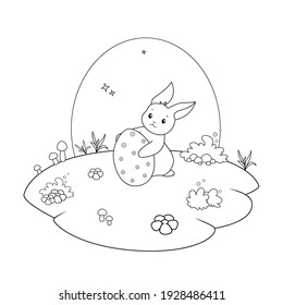 
Coloring book for Happy Easter celebration, isolated vector illustration of cute bunny and Easter egg in the meadow.