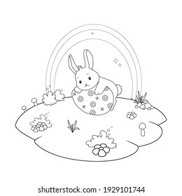 Coloring book for Happy Easter celebration, isolated vector illustration of cute bunny and Easter egg in the meadow.