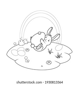 Coloring book for Happy Easter celebration, isolated vector illustration of cute bunny and Easter egg in the meadow.