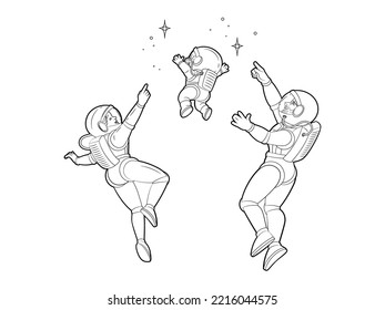 Coloring Book. Happy Family Of Astronauts, Mom, Dad, Son Point Fingers At The Constellations While Hovering In Space. Vector Black And White Illustration, Contour, Cartoon On A White Background.