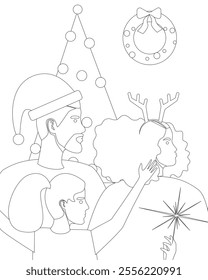 Coloring Book with happy family with children in Christmas interior indoor, outdoor Christmas vector stock illustration with Christmas tree