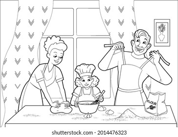 Coloring book: happy family, dad, mom and daughter knead dough for baking at the big family table in the kitchen. Vector illustration, black and white lines, cartoon