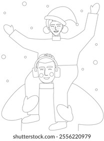 Coloring Book with happy family with dad and child and leisure outdoors, outline Christmas vector stock illustration, Christmas snowflakes