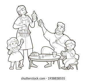 Coloring book: Happy family getting ready for Easter holiday.Parents, son and daughter painting Easter eggs and cake together.Vector illustration in cartoon style, black and white line art