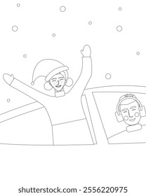 Coloring Book with Happy Family Like Dad with Daughter and Snowflakes, Outline Christmas Vector Stock Illustration, Christmas Leisure
